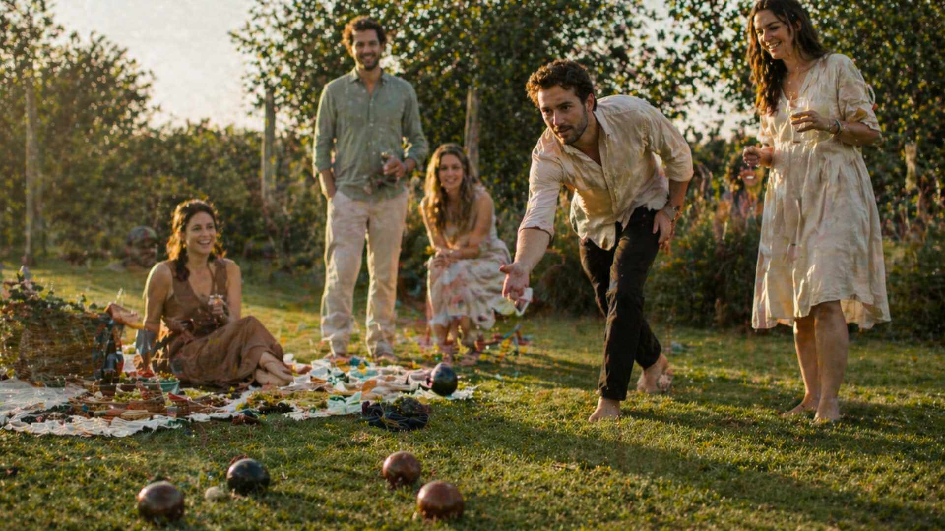 Adults playing bocce ball beside a relaxed picnic setup in the park