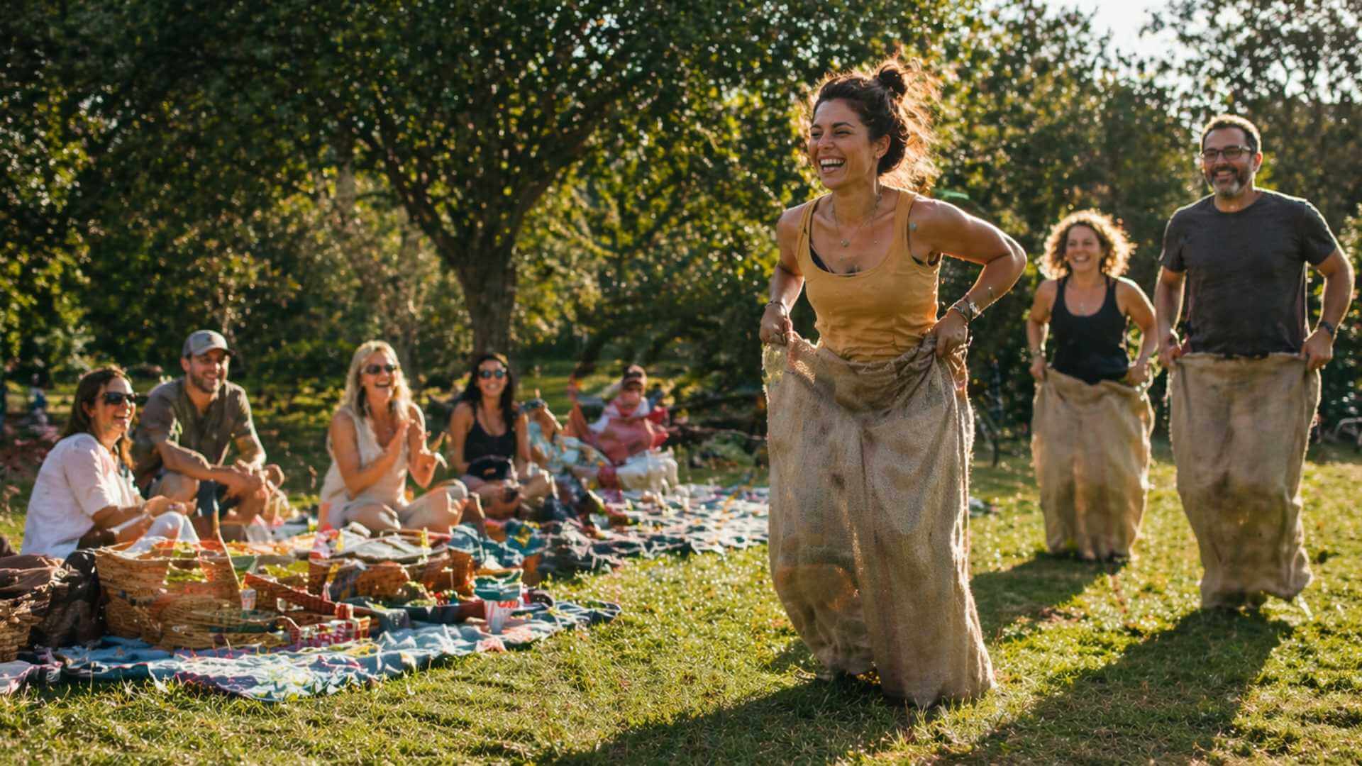 People enjoying a sack race during a classic outdoor picnic in the park
