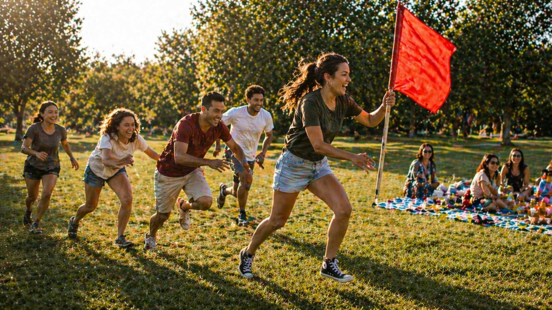 Group playing capture the flag during a lively picnic in the park