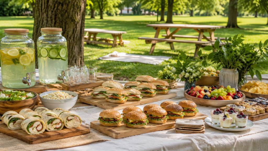 Company picnic ideas with an outdoor picnic food setup featuring sandwiches, salads, fruit, desserts, and drinks arranged for a corporate event.