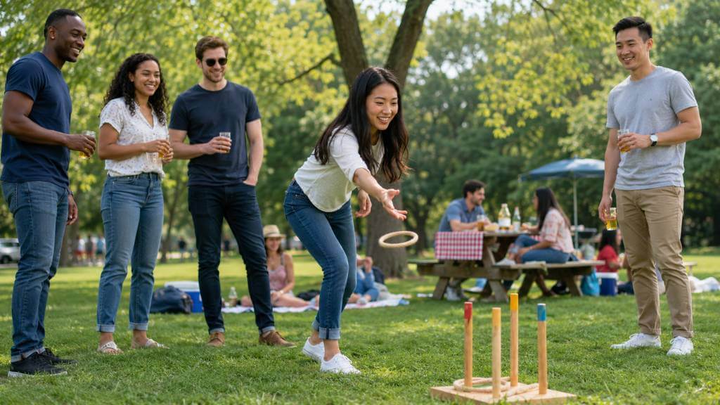 Company picnic ideas with employees playing a light outdoor team game at a corporate picnic in a park setting.