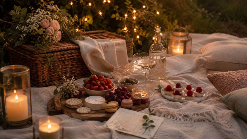 Picnic date ideas in a cozy backyard or garden picnic setting with cushions, candles, fairy lights, flowers, desserts, fresh fruit, and a soft blanket at dusk.