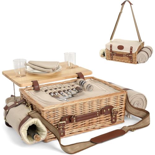 Multifunctional Wicker Picnic Basket Set for 2 with Blanket and Picnic Table