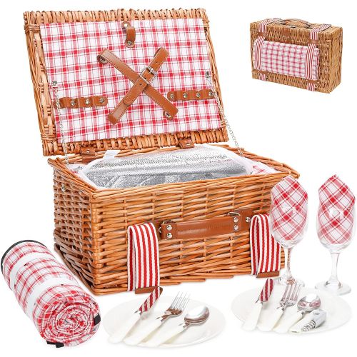 Wicker Picnic Basket for 2 with Large Insulated Cooler Compartment and Waterproof Picnic Blanket