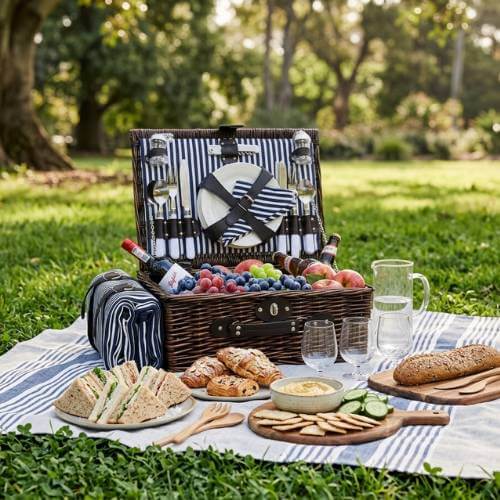 picnic basket with food spread