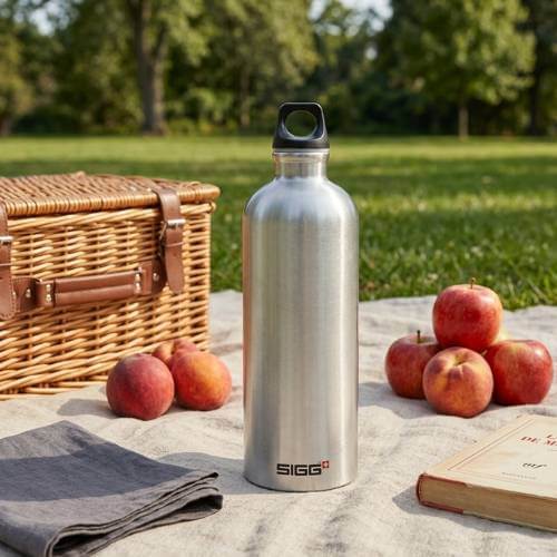 aluminum water bottle picnic setup