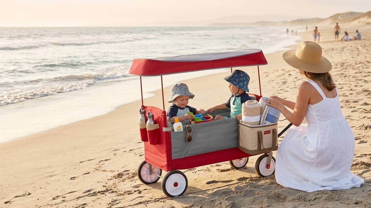 kids riding beach wagon with canopy