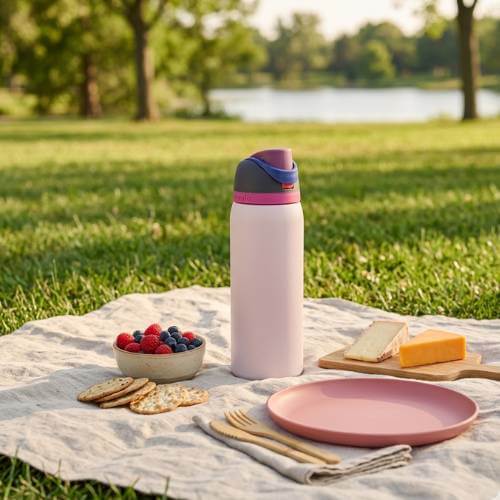 reusable bottle on picnic blanket