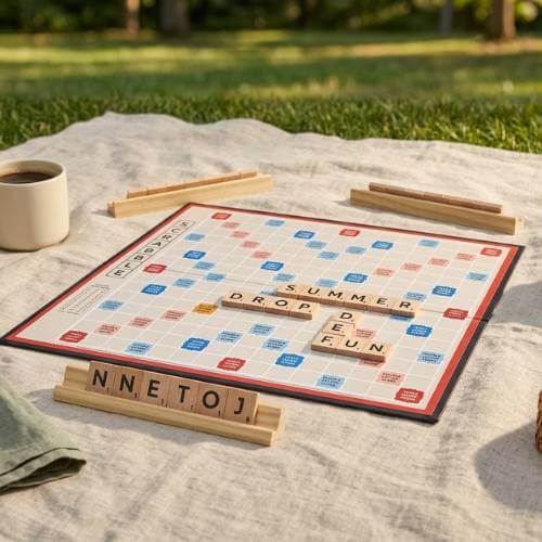 scrabble board game on picnic blanket