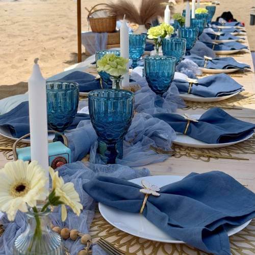 blue cloth napkins picnic table