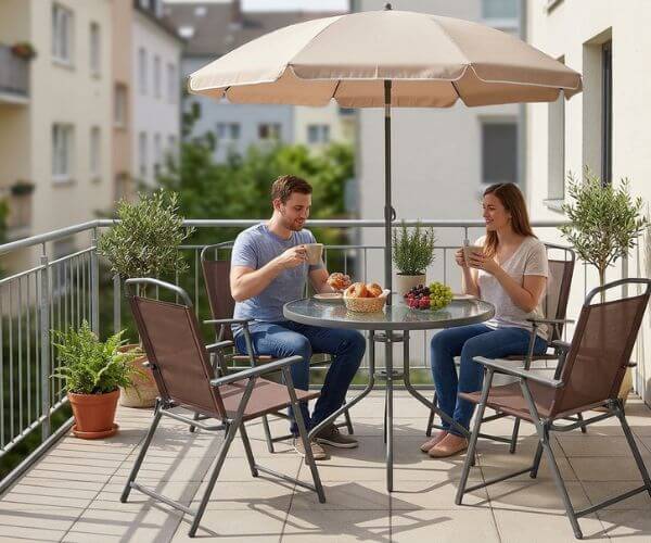 Compact Flash Furniture patio set with umbrella on a small patio