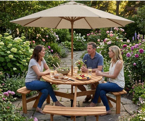 Round wooden picnic table with umbrella in a garden setting
