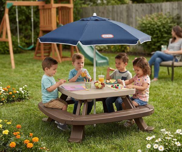 Children using a Little Tikes picnic table with umbrella outdoors