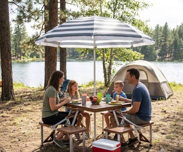 portable Stansport picnic table with umbrella at a campsite