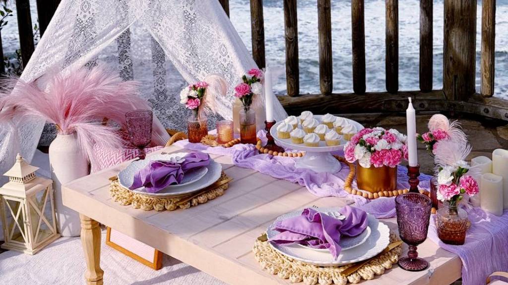 romantic seaside luxury picnic setup