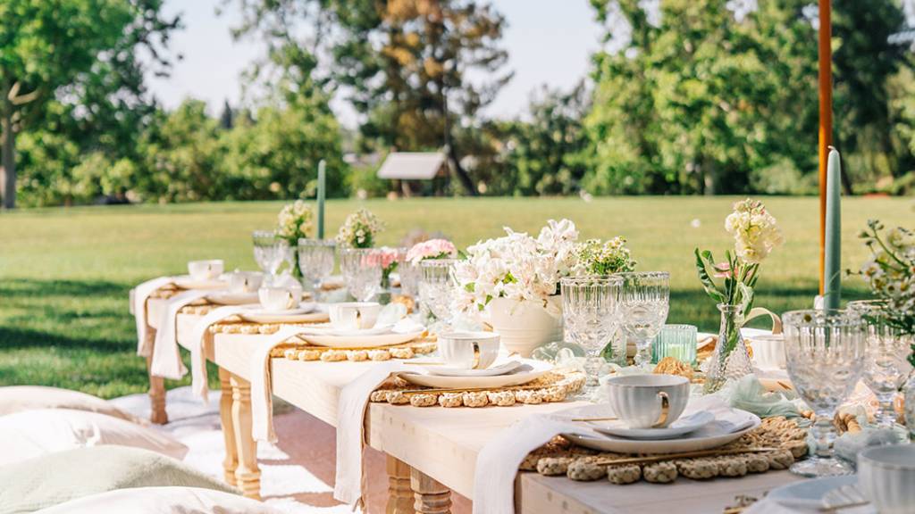 styled picnic table with floral decor