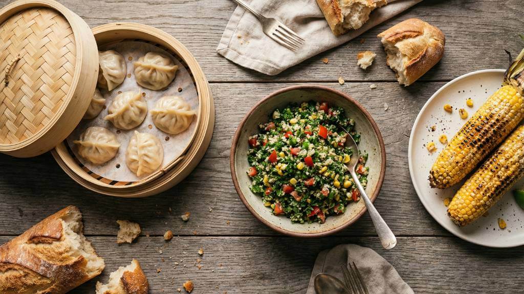 eclectic international dinner spread with dumplings and salad