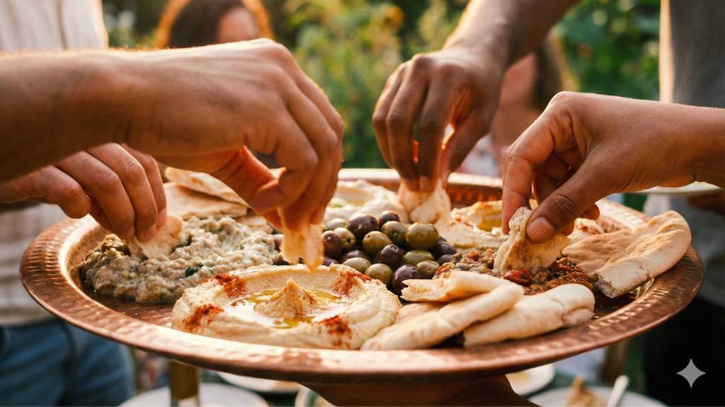 friends sharing middle eastern mezze platter