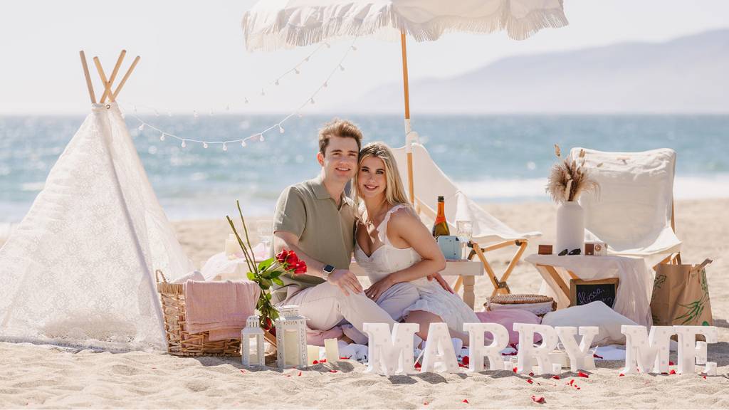 beach picnic proposal photoshoot setup