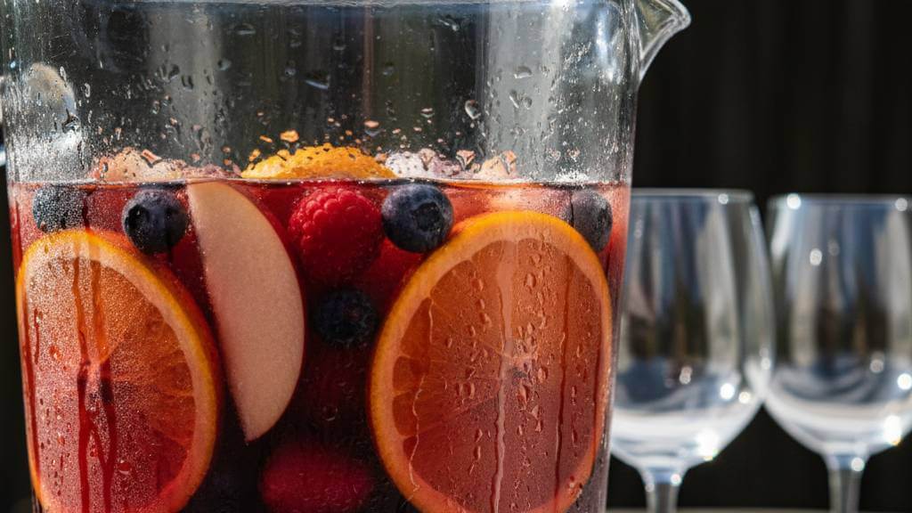 pitcher of spanish sangria with fresh fruit